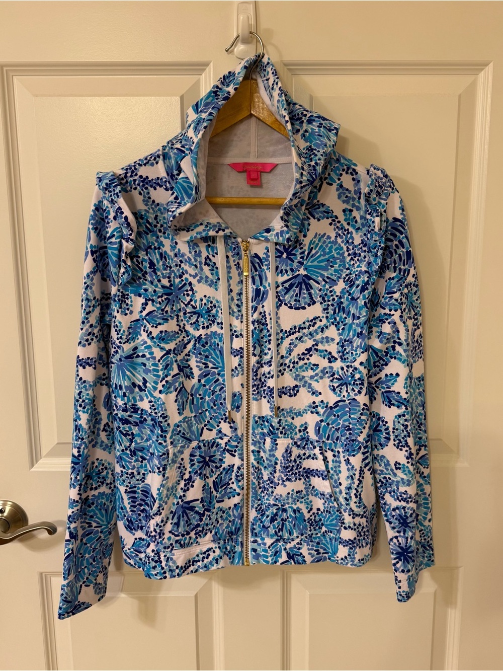Lilly Pulitzer Audrey Zip Pullover Hoodie Ruffle Sleeve Women’s L Pockets EUC